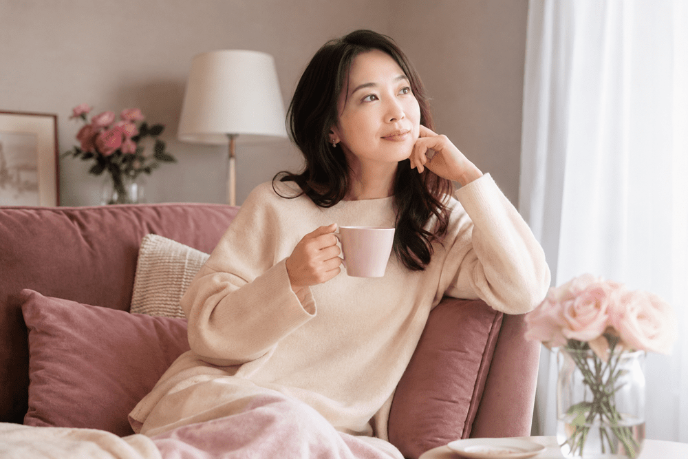 部屋でくつろぐ女性の写真
